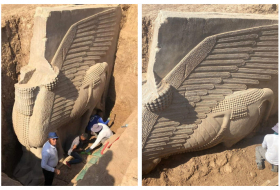 A Lamassu sculpture was discovered during excavations in Nineveh province